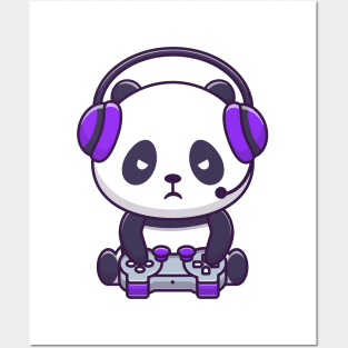 Cute Panda Gaming Cartoon Posters and Art